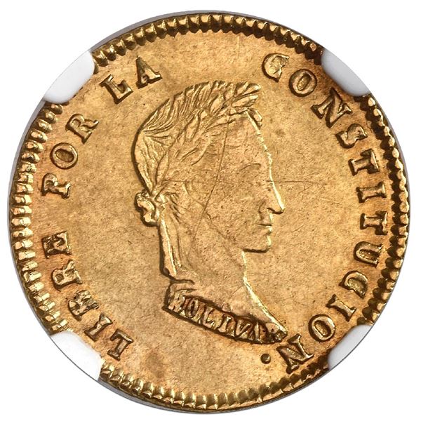 Potosi, Bolivia, gold 1 scudo, 1855MJ, NGC AU 55, ex-Newman.