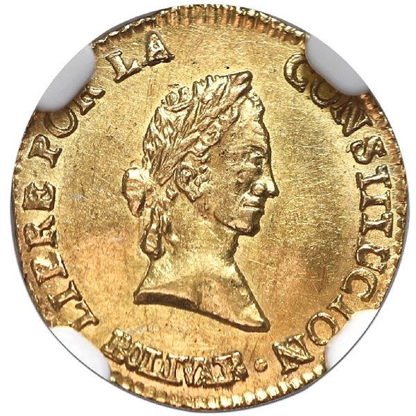 Potosi, Bolivia, gold 1/2 scudo, 1842LR, NGC MS 63, ex-Flores.