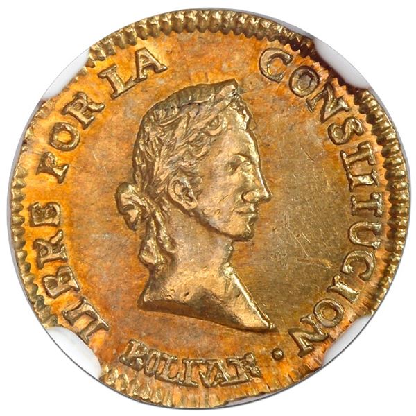 Potosi, Bolivia, gold 1/2 scudo, 1844R, coin axis, NGC MS 62 ("top pop"), ex-Newman.