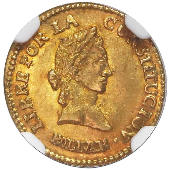 Potosi, Bolivia, gold 1/2 scudo, 1845R, NGC MS 64, ex-Newman.
