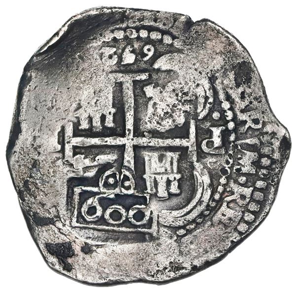 Brazil, 600 reis, crowned-600 countermark (1663) on a Potosi, Bolivia, cob 8 reales, 1652E post-tran