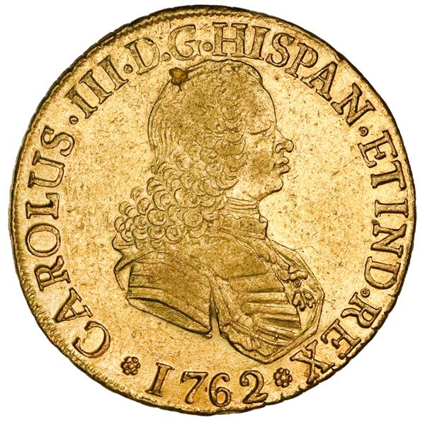 Santiago, Chile, gold bust 8 escudos, Charles III (bust of Ferdinand VI), 1762J.