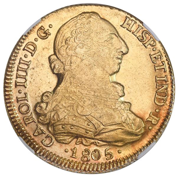 Santiago, Chile, gold bust 8 escudos, Charles IV (bust of Charles III), 1805FJ, NGC MS 62, finest kn