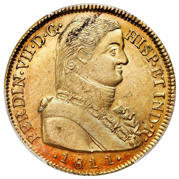 Santiago, Chile, bust 8 escudos, Ferdinand VII transitional ("admiral" bust), 1811FJ, PCGS MS62.