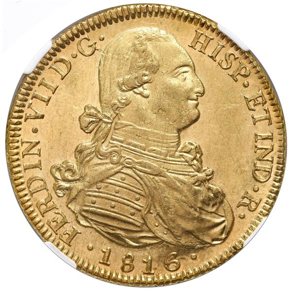 Santiago, Chile, gold bust 8 escudos, Ferdinand VII (bust of Charles IV), 1816FJ, NGC MS 62 ( top po