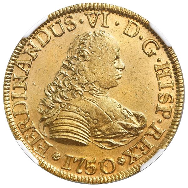 Santiago, Chile, gold bust 4 escudos, Ferdinand VI, 1750/5J, NGC AU 58 / Luz shipwreck.