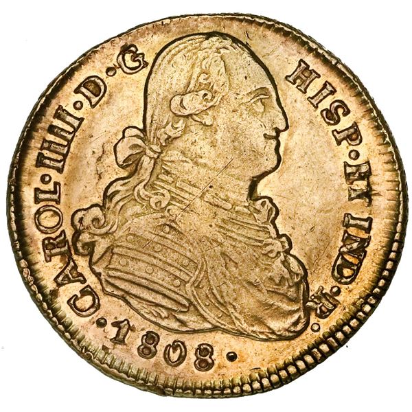 Santiago, Chile, gold bust 4 escudos, Charles IV, 1808FJ, rare.