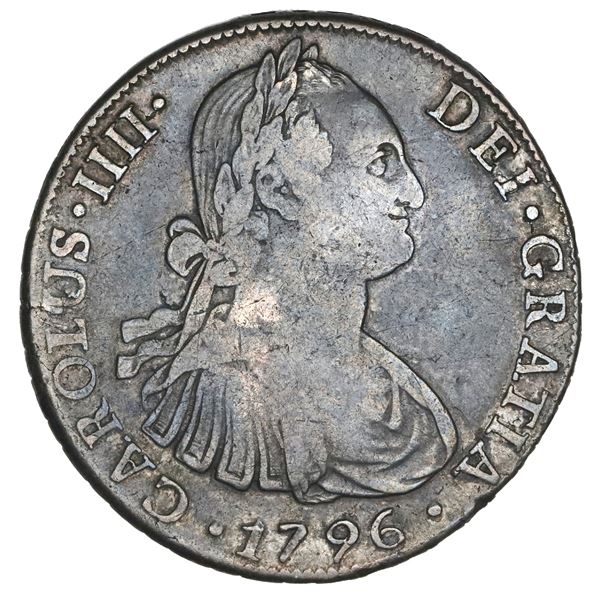 Santiago, Chile, bust 8 reales, Charles IV, 1796DA, NGC VF 20.