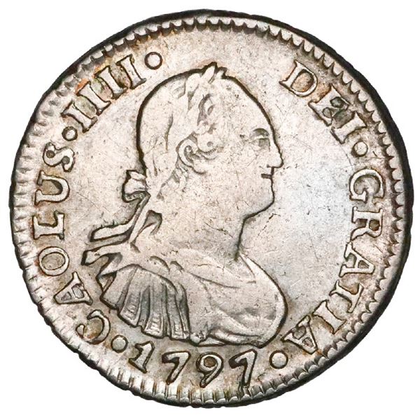 Santiago, Chile, bust 1/2 real, Charles IV, 1797DA, "CAOLUS" error, rare, NGC VF details / rev scrat