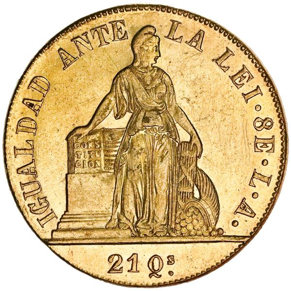 Santiago, Chile, 8 escudos, 1851LA, incuse ENERO on edge, NGC MS 61 ("top pop").