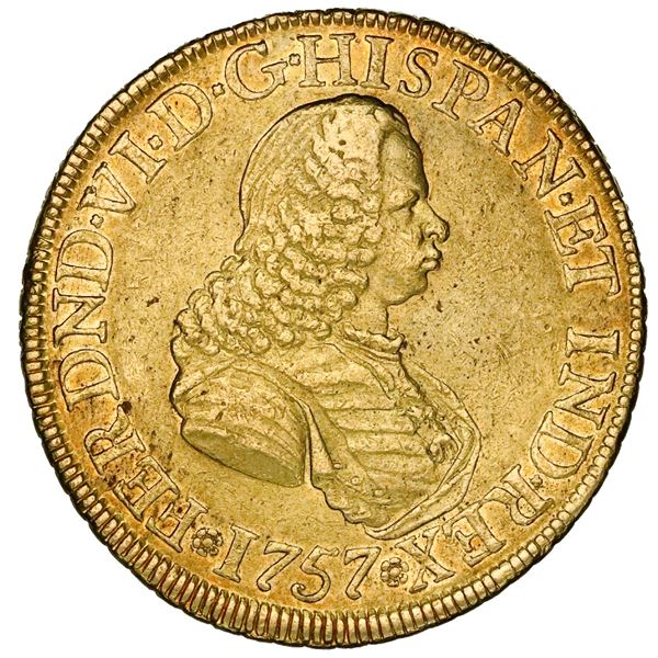 Bogota, Colombia, gold bust 8 escudos, Ferdinand VI, 1757SJ.