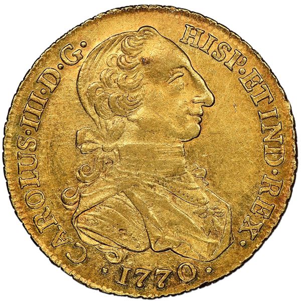 Bogota, Colombia, gold bust 8 escudos, Charles III ("rat nose" type), 1770/69VJ, NGC AU 58, finest a