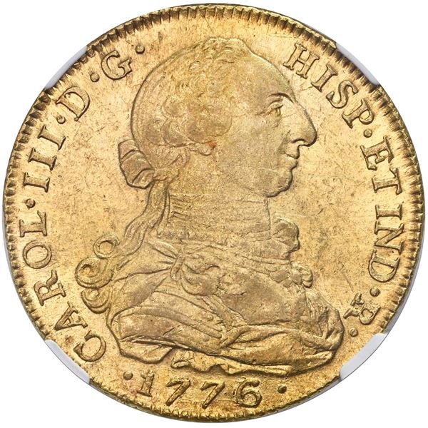 Bogota, Colombia, gold bust 8 escudos, Charles III, 1776JJ, no dot in assayer, re-punched 6, NGC AU