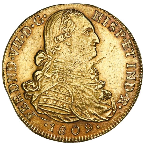 Bogota, Colombia, gold bust 8 escudos, Ferdinand VII (bust of Charles IV), 1809JF, NGC AU 55.