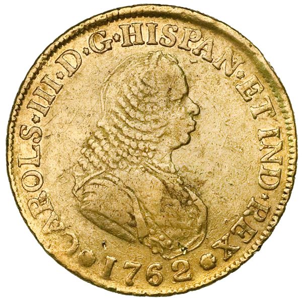 Popayan, Colombia, bust 4 escudos, Charles III (bust of Ferdinand VI), 1762J, mintmark P•N.