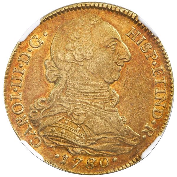 Popayan, Colombia, gold bust 4 escudos, Charles III, 1780/70SF, unlisted overdate, NGC AU 55 ("top p