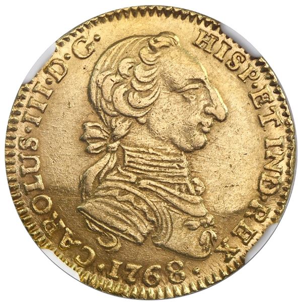 Bogota, Colombia, gold bust 2 escudos, Charles III ("rat nose" type), 1768JV, NGC AU 55.