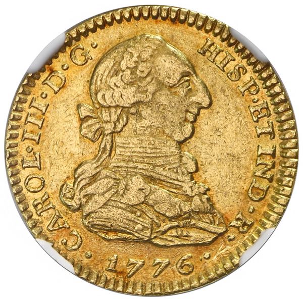 Bogota, Colombia, gold bust 2 escudos, Charles III, 1776JJ, dot between assayers, NGC AU 55 ("top po