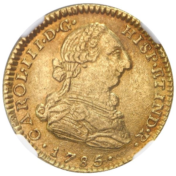 Bogota, Colombia, gold bust 2 escudos, Charles III, 1785JJ, NGC AU 55, finest and only example in NG