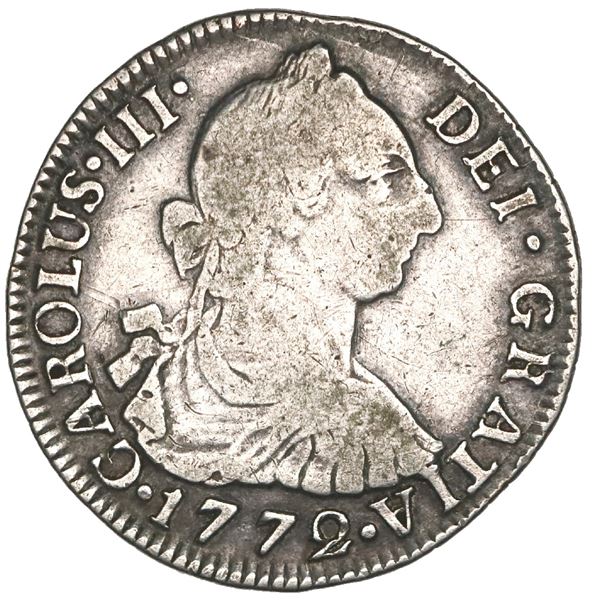 Bogota, Colombia, bust 2 reales, Charles III, 1772VJ, N-dot-R and V-dot-J, NGC F 12.