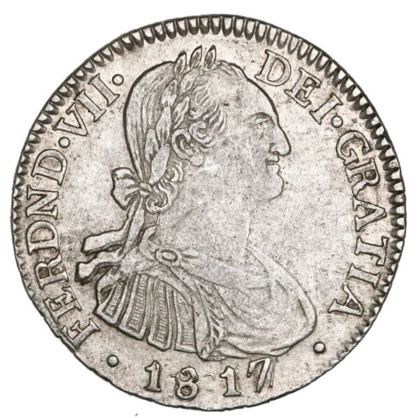 Bogota, Colombia, bust 2 reales, Ferdinand VII (bust of Charles IV), 1817/1817FJ, NGC XF details / o