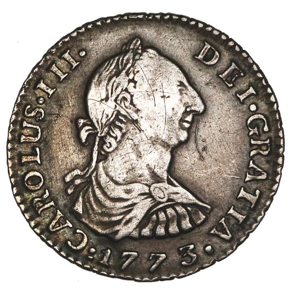Bogota, Colombia, bust 1 real, Charles III, 1773VJ, with dot between assayers' initials, NGC VF deta