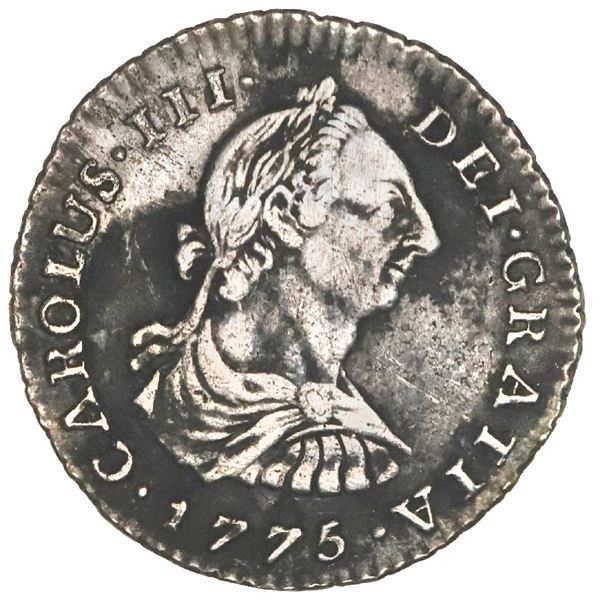 Bogota, Colombia, bust 1 real, Charles III, 1775JJ, rare, NGC XF details / environmental damage, Res