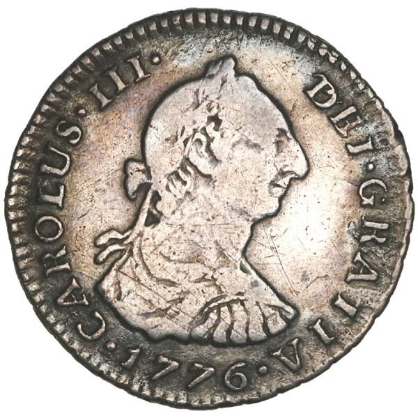 Bogota, Colombia, bust 1 real, Charles III, 1776JJ, NGC VF details / environmental damage.