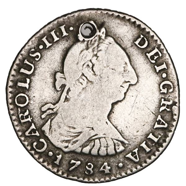 Bogota, Colombia, bust 1 real, Charles III, 1784JJ, rare, NGC Fine details / holed, finest and only