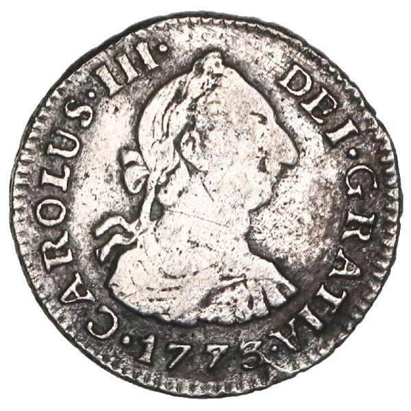 Bogota, Colombia, bust 1/2 real, Charles III, 1773VJ, dot between assayers' initials, NGC Fine detai