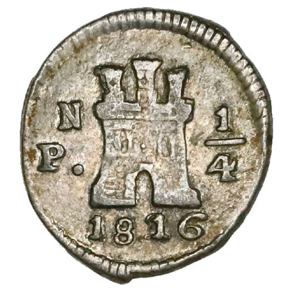 Popayan, Colombia, 1/4 real, 1816, 1 over 2 in date (penultimate digit), mintmark PN, NGC AU 55, fin