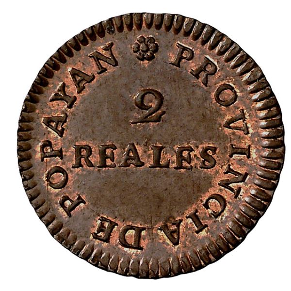 Popayan, Colombia, copper 2 reales, Ferdinand VII, 1813 (large date), NGC MS 65 BN, finest known in 