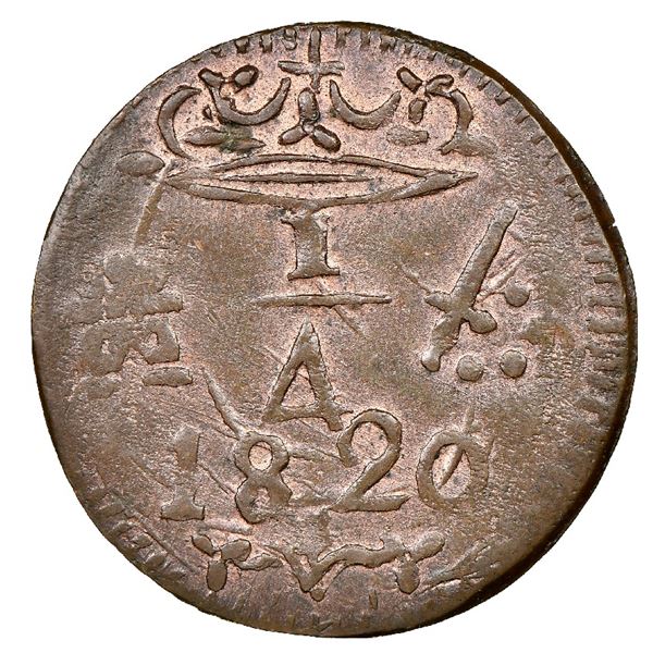 Santa Marta, Colombia, copper 1/4 real, 1820, NGC MS 63 BN.