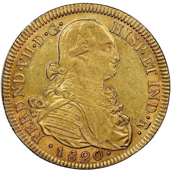 Bogota, Colombia, gold bust 8 escudos, Ferdinand VII (bust of Charles IV), 1820JF, NGC AU 58.
