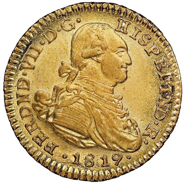Bogota, Colombia, gold bust 1 escudo, Ferdinand VII (bust of Charles IV), 1819JF, NGC MS 62, finest