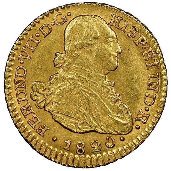 Bogota, Colombia, gold bust 1 escudo, Ferdinand VII (bust of Charles IV), 1820JF, NGC MS 62, finest 