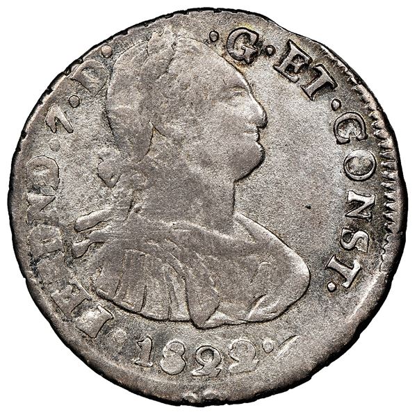 Pasto, Colombia, bust 2 reales, Ferdinand VII (bust of Charles IV), 1822O, two dots to right of date