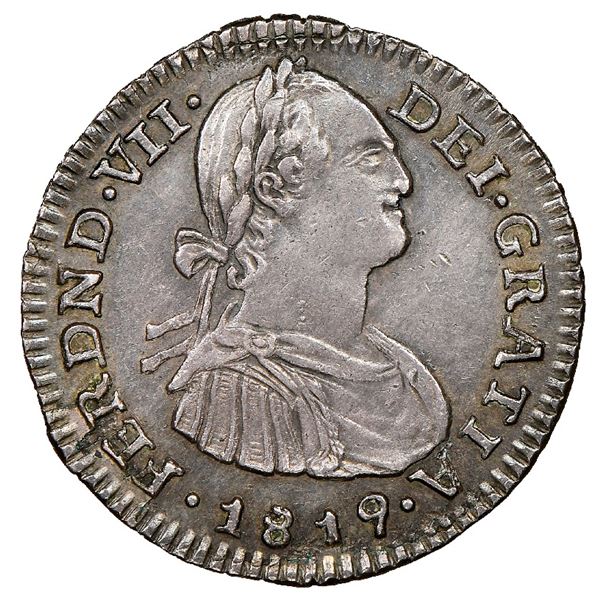 Bogota, Colombia, bust 1 real, Ferdinand VII (bust of Charles IV), 1819FJ, inverted J, NGC AU 58, fi