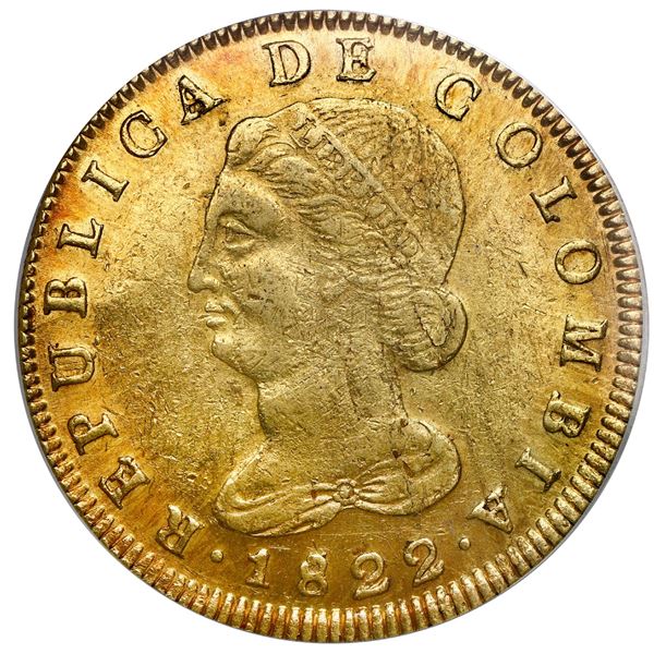 Bogota, Colombia, gold 8 escudos, 1822JF, PCGS AU55.