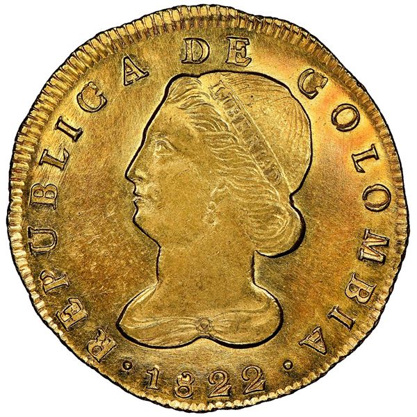 Popayan, Colombia, gold 8 escudos, 1822FM, NGC MS 61 ("top pop"), ex-Eldorado.