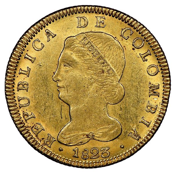 Bogota, Colombia, gold 8 escudos, 1823JF, NGC MS 62, finest known in NGC census.