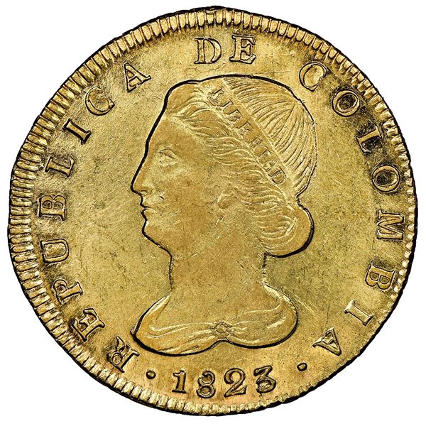 Popayan, Colombia, gold 8 escudos, 1823FM, NGC AU 58 ("top pop"), ex-Millennia (stated on label).