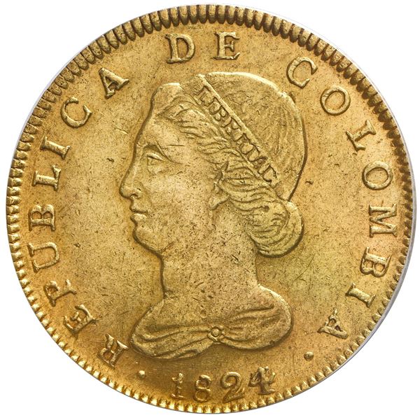 Bogota, Colombia, gold 8 escudos, 1824/3JF, PCGS AU55.