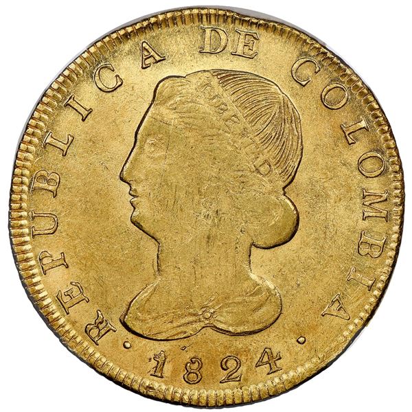 Popayan, Colombia, gold 8 escudos, 1824FM, NGC MS 61.