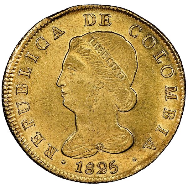Bogota, Colombia, gold 8 escudos, 1825JF, NGC MS 62, finest known in NGC census.
