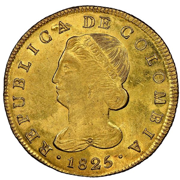 Popayan, Colombia, gold 8 escudos, 1825FM, NGC MS 63, finest known in NGC census, ex-Eliasberg (stat