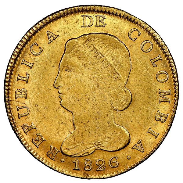 Bogota, Colombia, gold 8 escudos, 1826JF, NGC MS 62.
