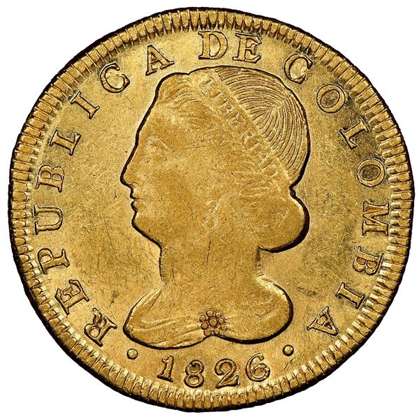 Popayan, Colombia, gold 8 escudos, 1826FM, NGC AU 55, finest known in NGC census, ex-Frank Sedwick (