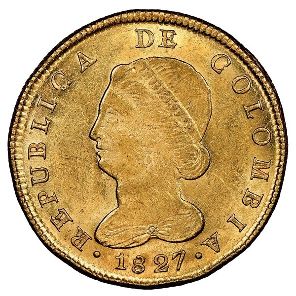 Bogota, Colombia, gold 8 escudos, 1827JF, NGC MS 61 ("top pop"), ex-Millennia (stated on label).
