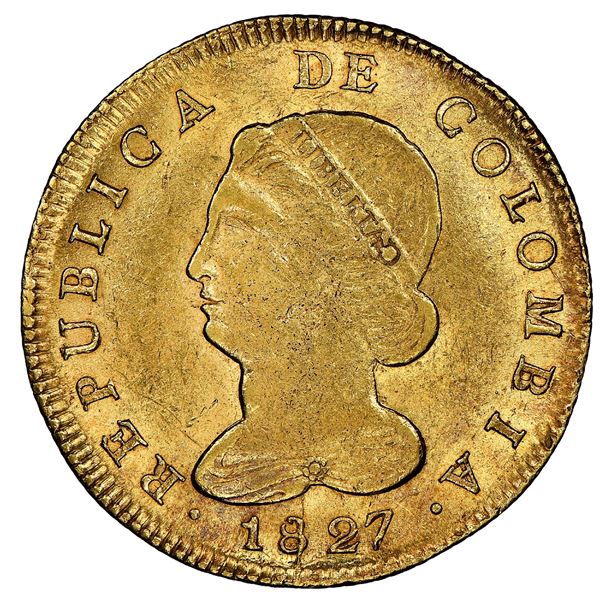 Bogota, Colombia, gold 8 escudos, 1827RR, NGC MS 62, finest known in NGC census, ex-Frank Sedwick (s